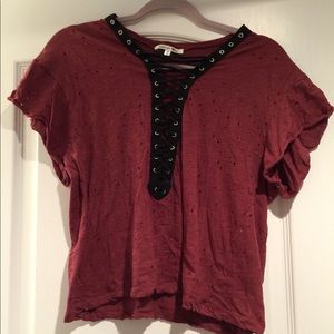 Maroon T-shirt with low cut neckline